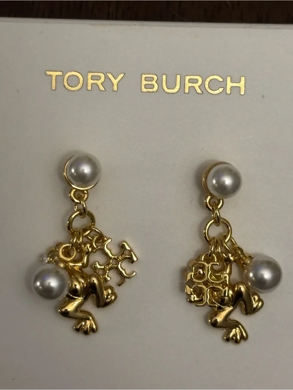 Brand new Tory Burch Gold plated Frog Drop Earrings with White Pearls